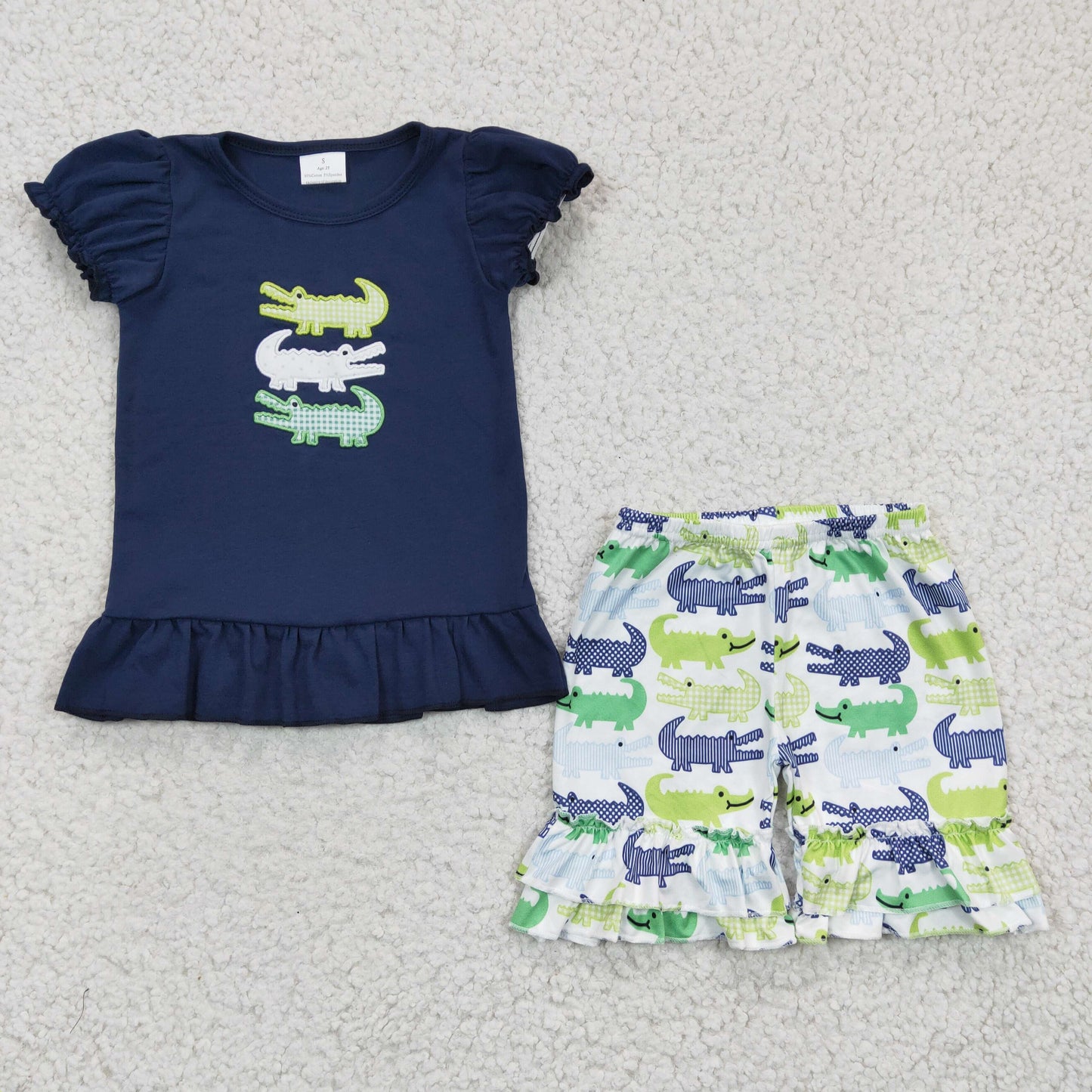 GSSO0159 Blue Plaid crocodile Embroidery Girls Short Sleeve Shorts Outfits