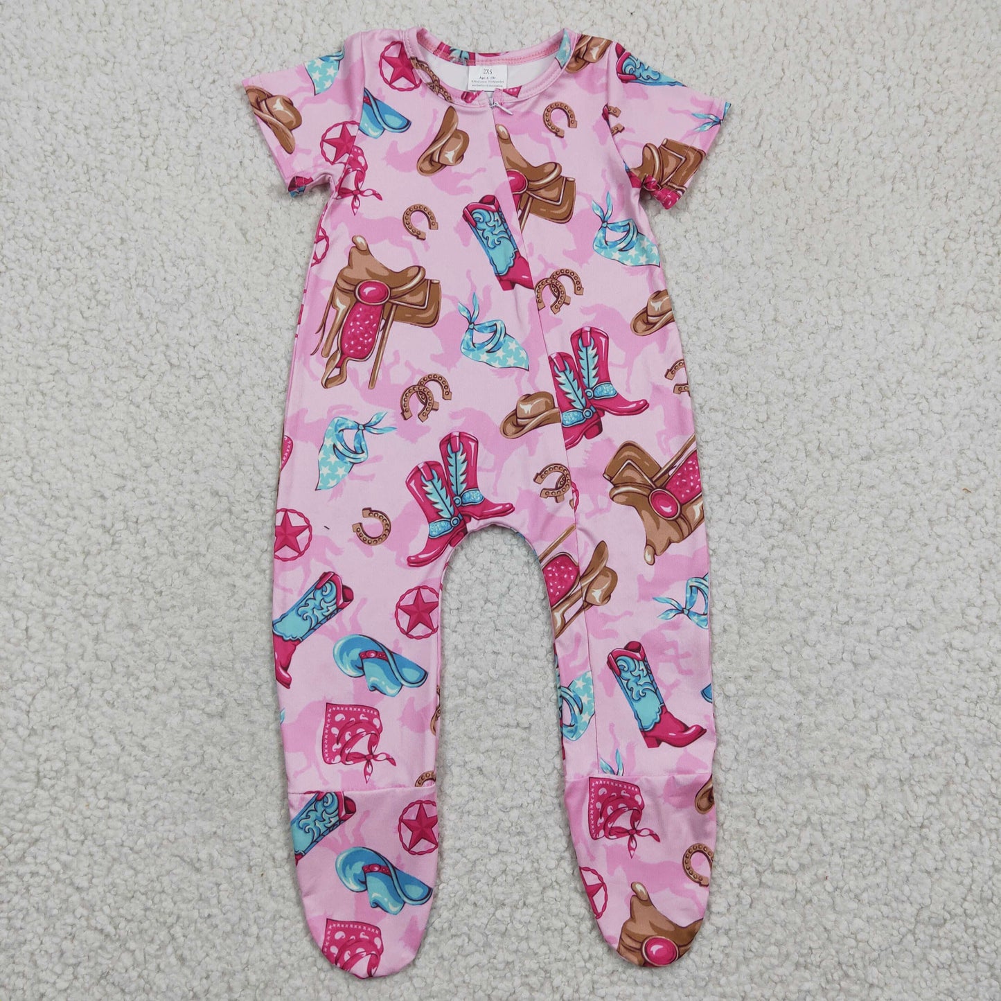 promotion RTS SR0194 Pink Boots Cowboy Western Zipper Girls Short Sleeve Romper