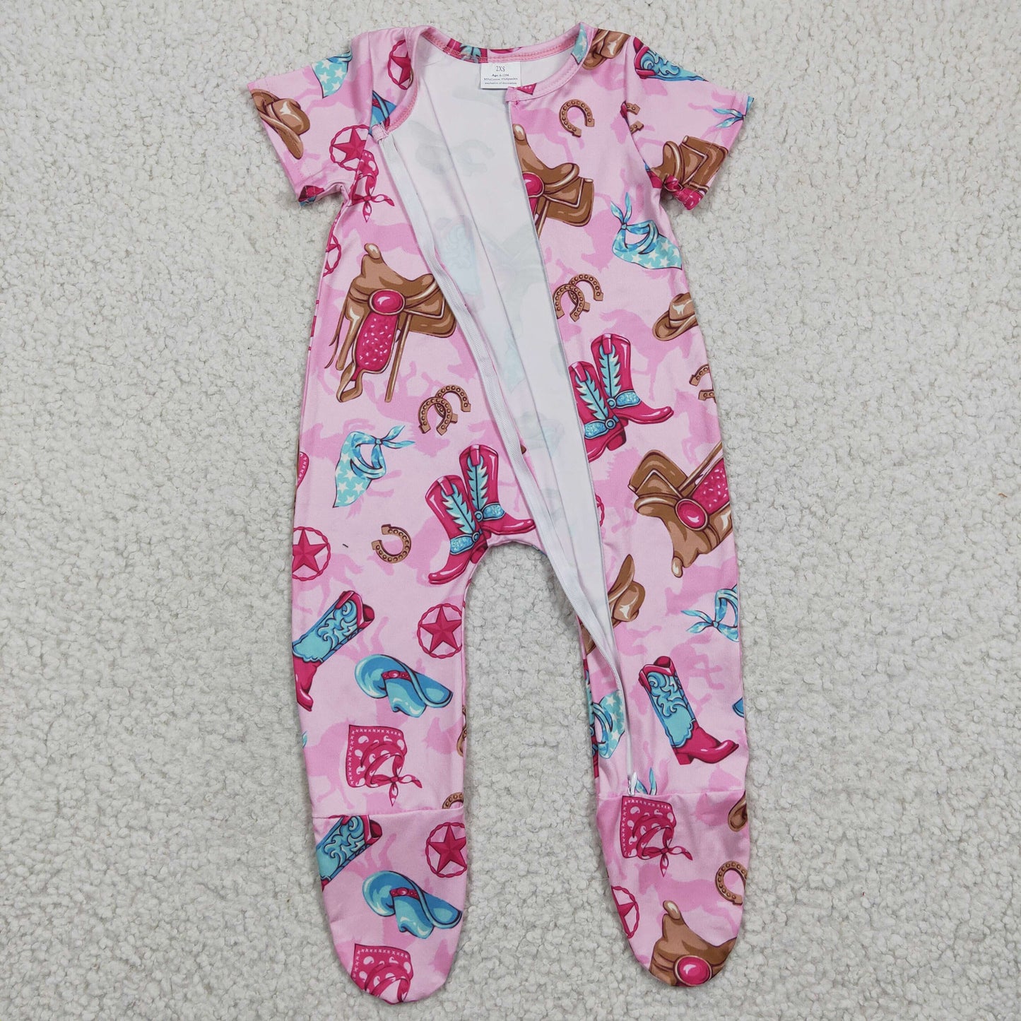 promotion RTS SR0194 Pink Boots Cowboy Western Zipper Girls Short Sleeve Romper