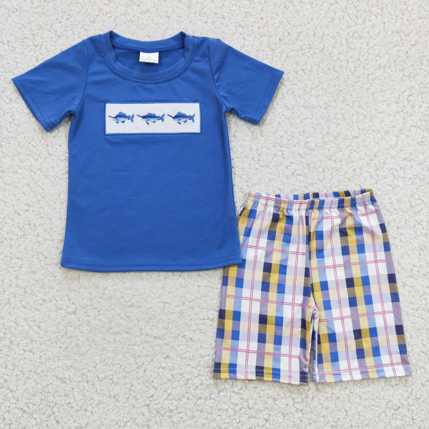 promotion RTS BSSO0125 Blue Plaid Fish Embroidery Boys Short Sleeve Shorts Outfits