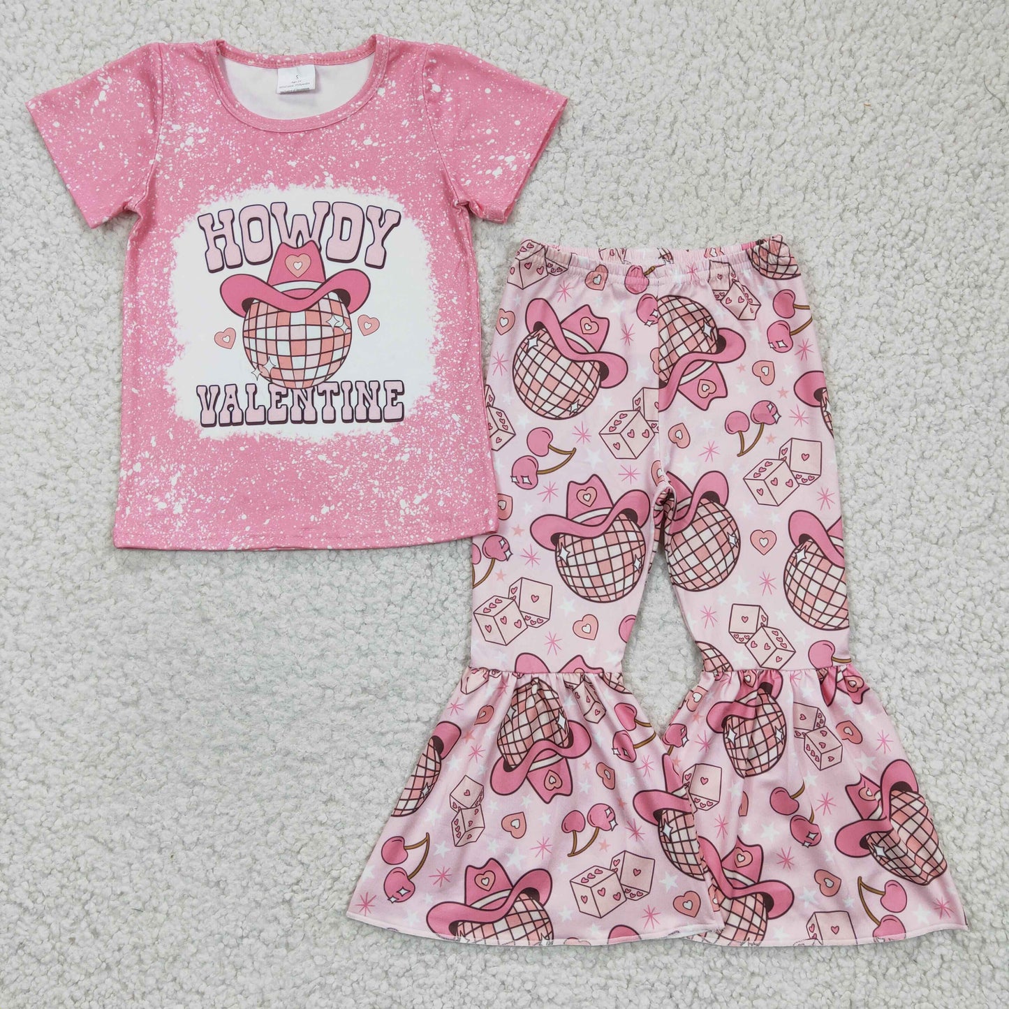 GSPO0364 Valentine Pink Bleach Howdy Cowboy Girls Short Sleeve Bell Bottom Pants Outfits