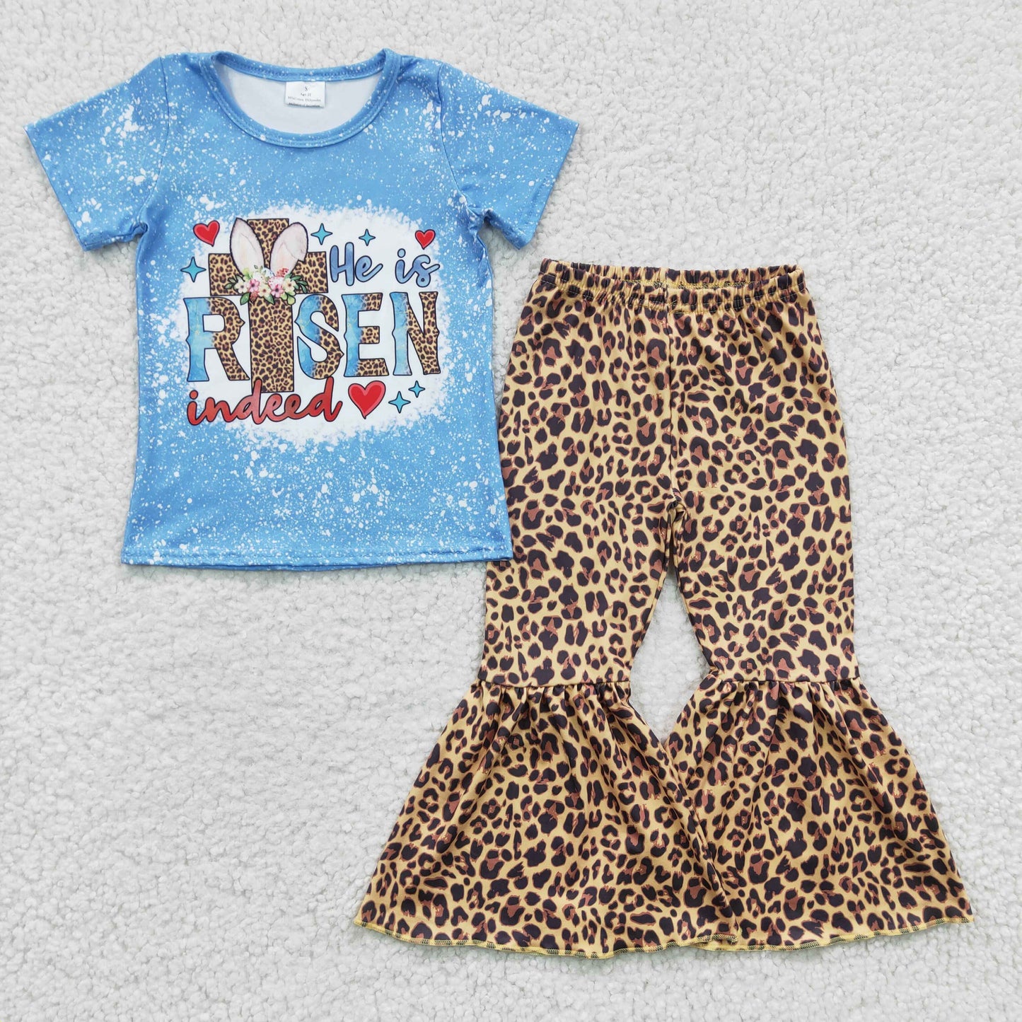 GSPO0274 Easter Blue Leopard Rise Indeed Cross Rabbit Girls Short Sleeve Bell Bottom Pants Outfits
