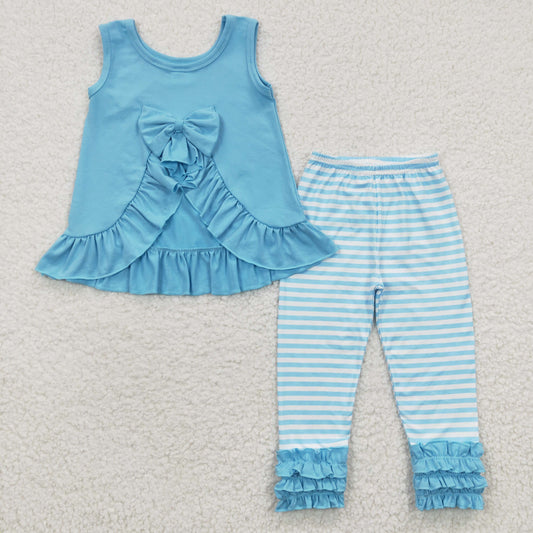 GSPO0505 Blue Stripes Bow Girls Short Sleeve Bell Bottom Pants Outfits