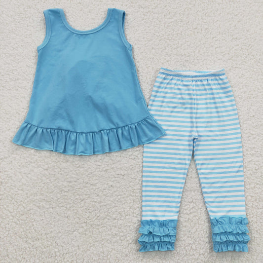 GSPO0505 Blue Stripes Bow Girls Short Sleeve Bell Bottom Pants Outfits