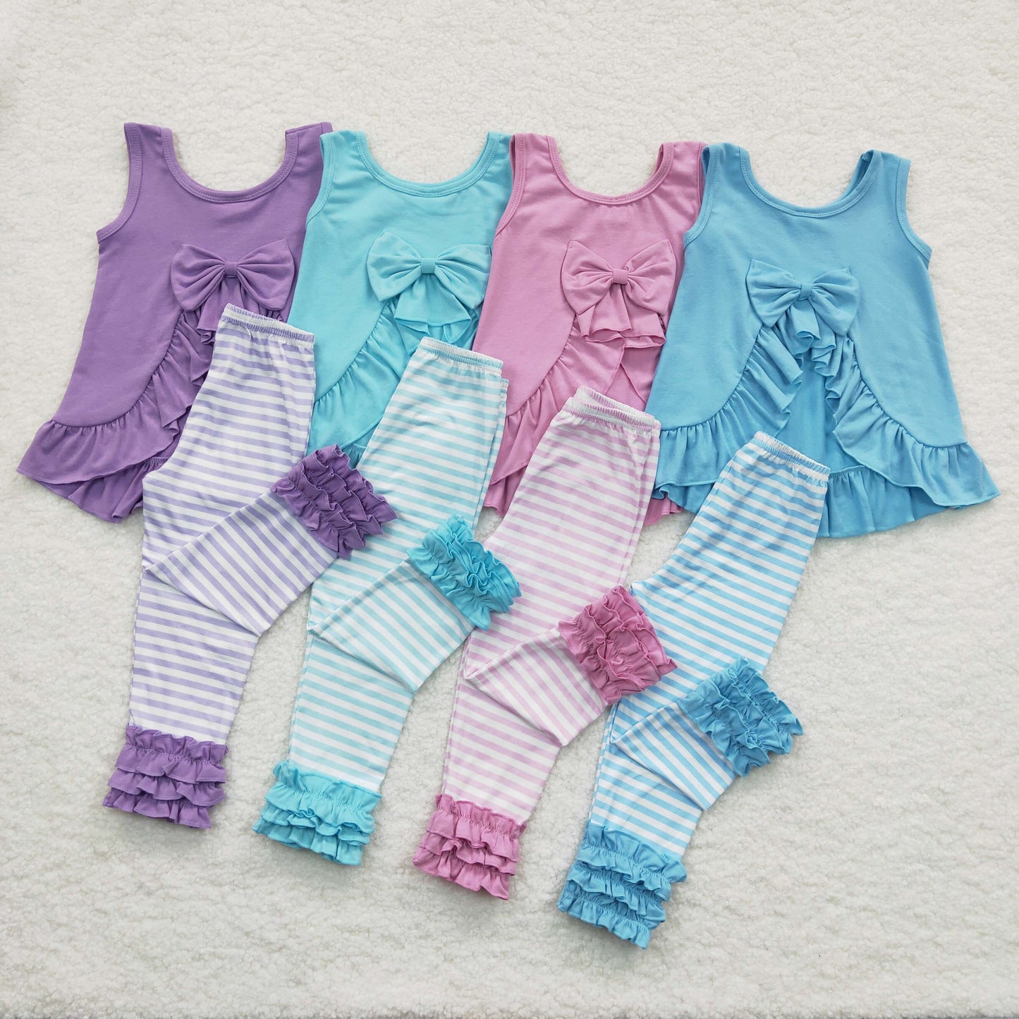 GSPO0505 Blue Stripes Bow Girls Short Sleeve Bell Bottom Pants Outfits