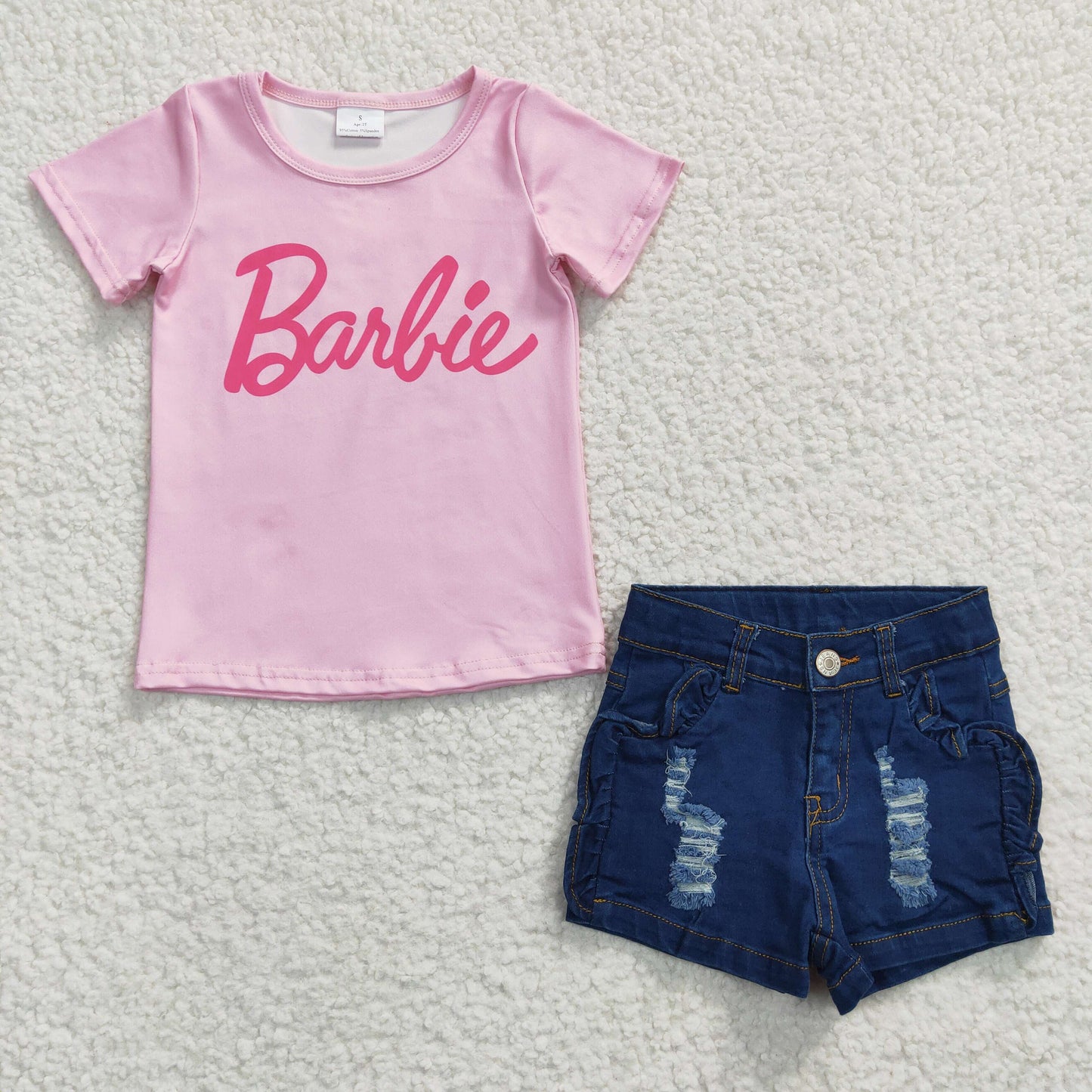 GSSO0258 2Pcs GT0151 Pink Top+ Denim Girls Short Sleeve Shorts Outfits