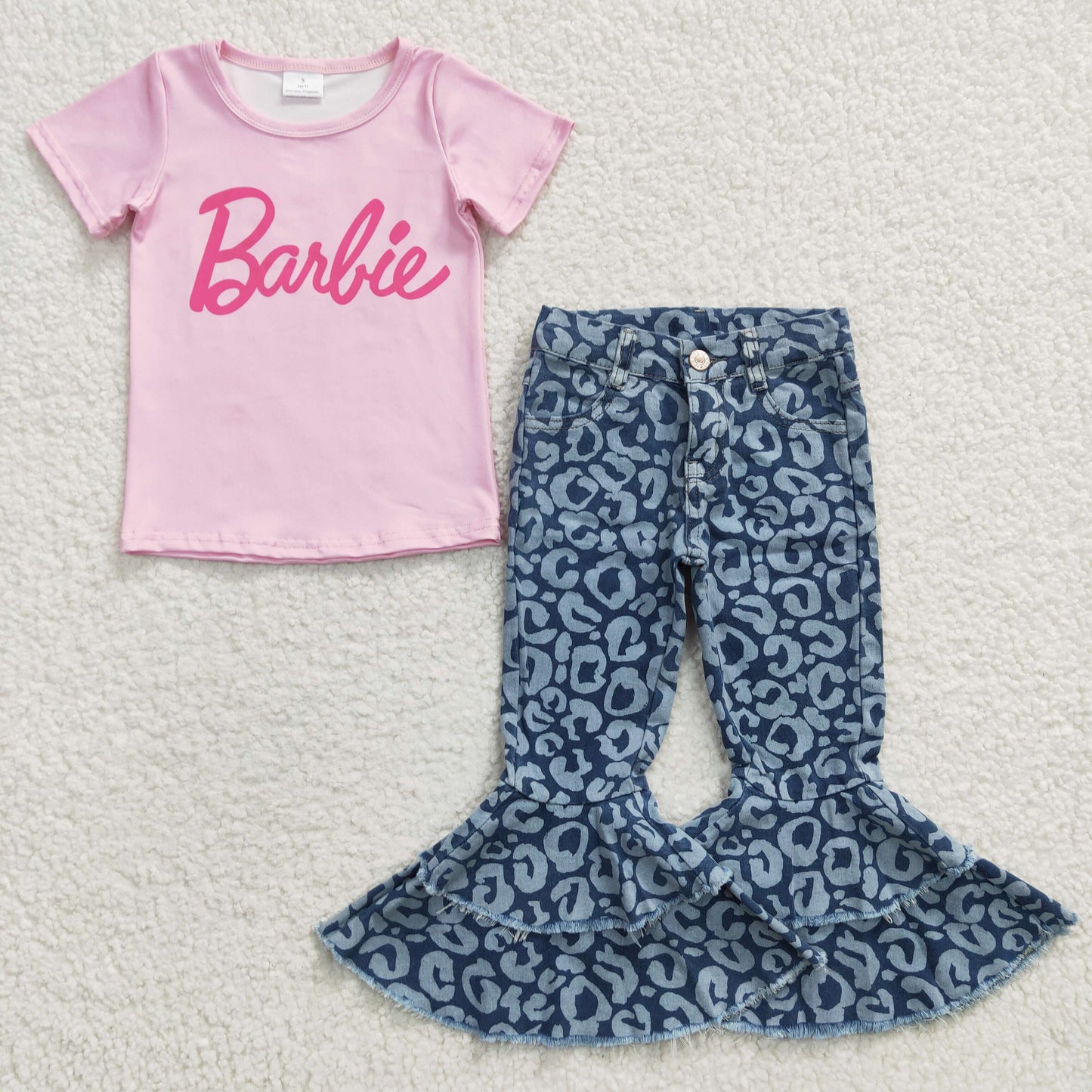 GSPO0555 2Pcs GT0151 Pink Top + Denim Girls Short Sleeve Bell Bottom Pants Outfits