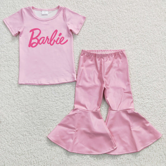 GSPO0553 2Pcs GT0151 Pink Top + Pink Leather pants Girls Short Sleeve Bell Bottom Pants Outfits