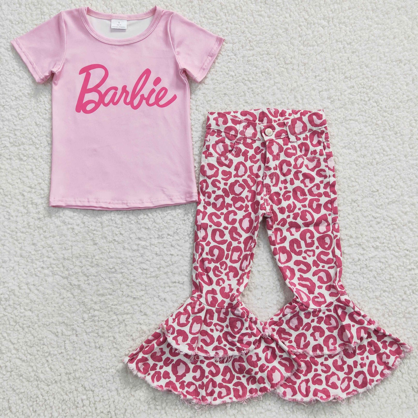 GSPO0556 2Pcs GT0151 Pink Top + Denim Girls Short Sleeve Bell Bottom Pants Outfits