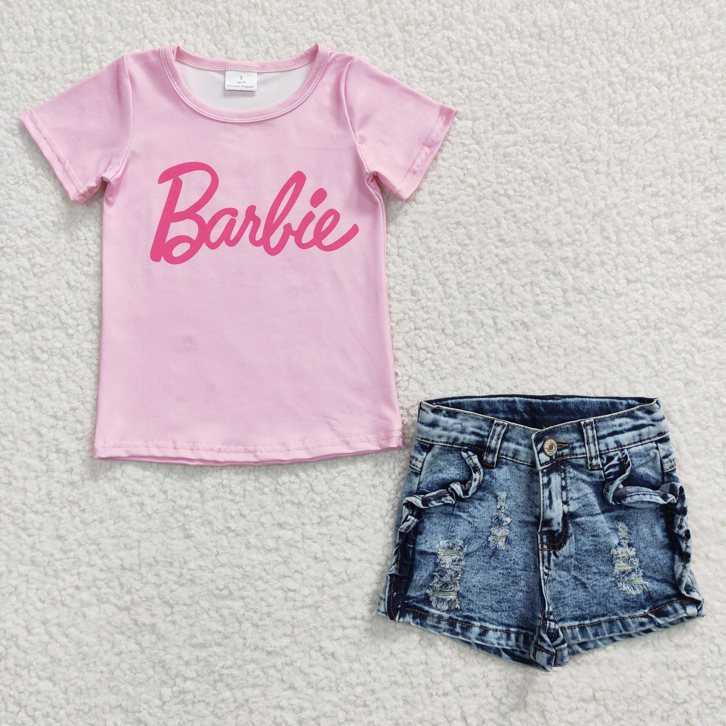 GSSO0256 2Pcs GT0151 Pink Top+ Denim Girls Short Sleeve Shorts Outfits