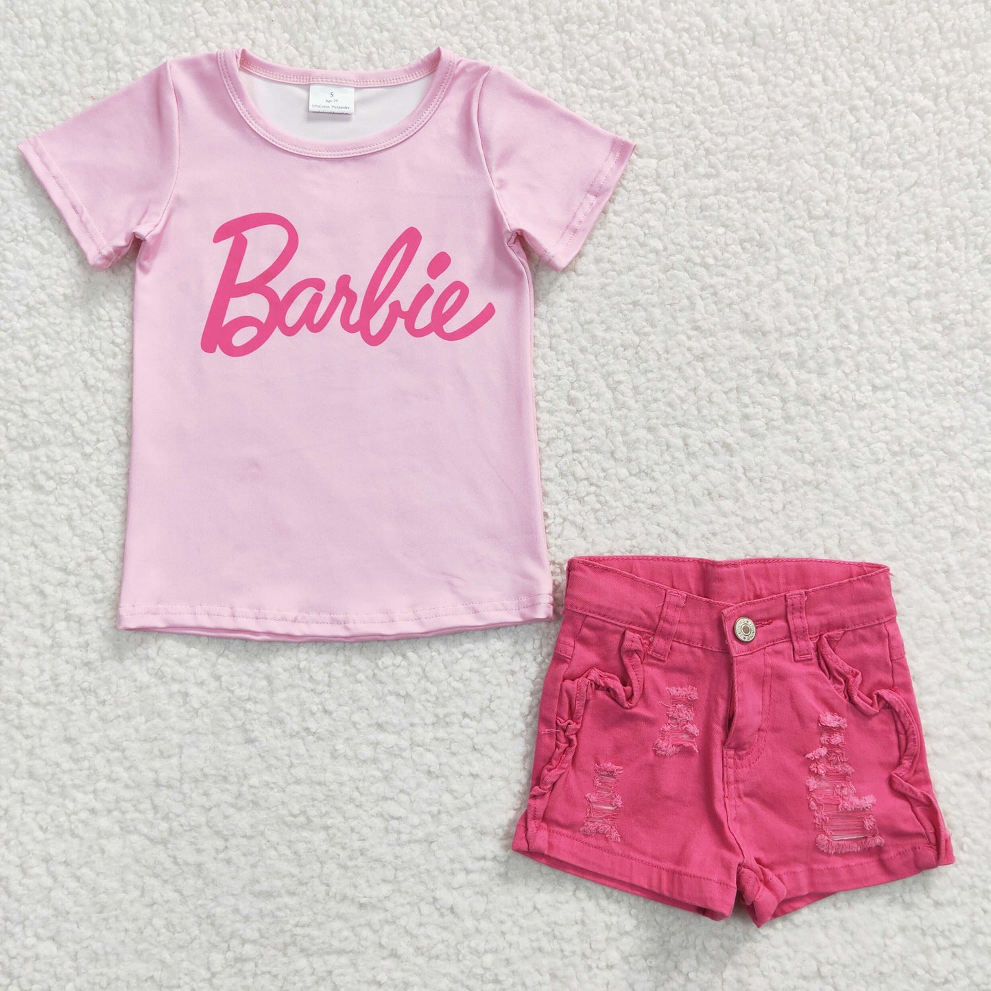 GSSO0257 2Pcs GT0151 Pink Top+ Denim Girls Short Sleeve Shorts Outfits