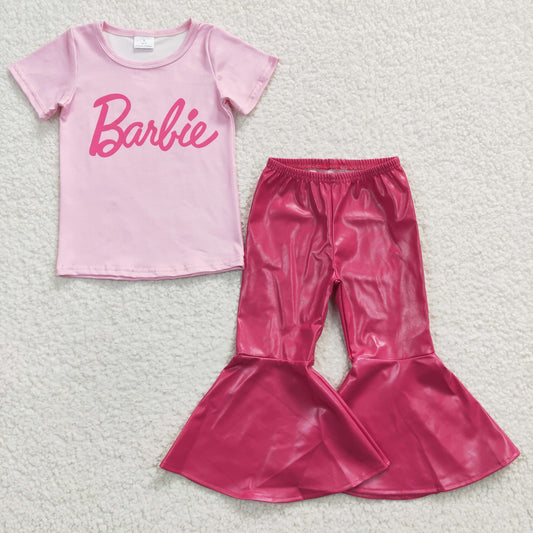 GSPO0554 2Pcs GT0151 Pink Top + Pink Leather pants Girls Short Sleeve Bell Bottom Pants Outfits