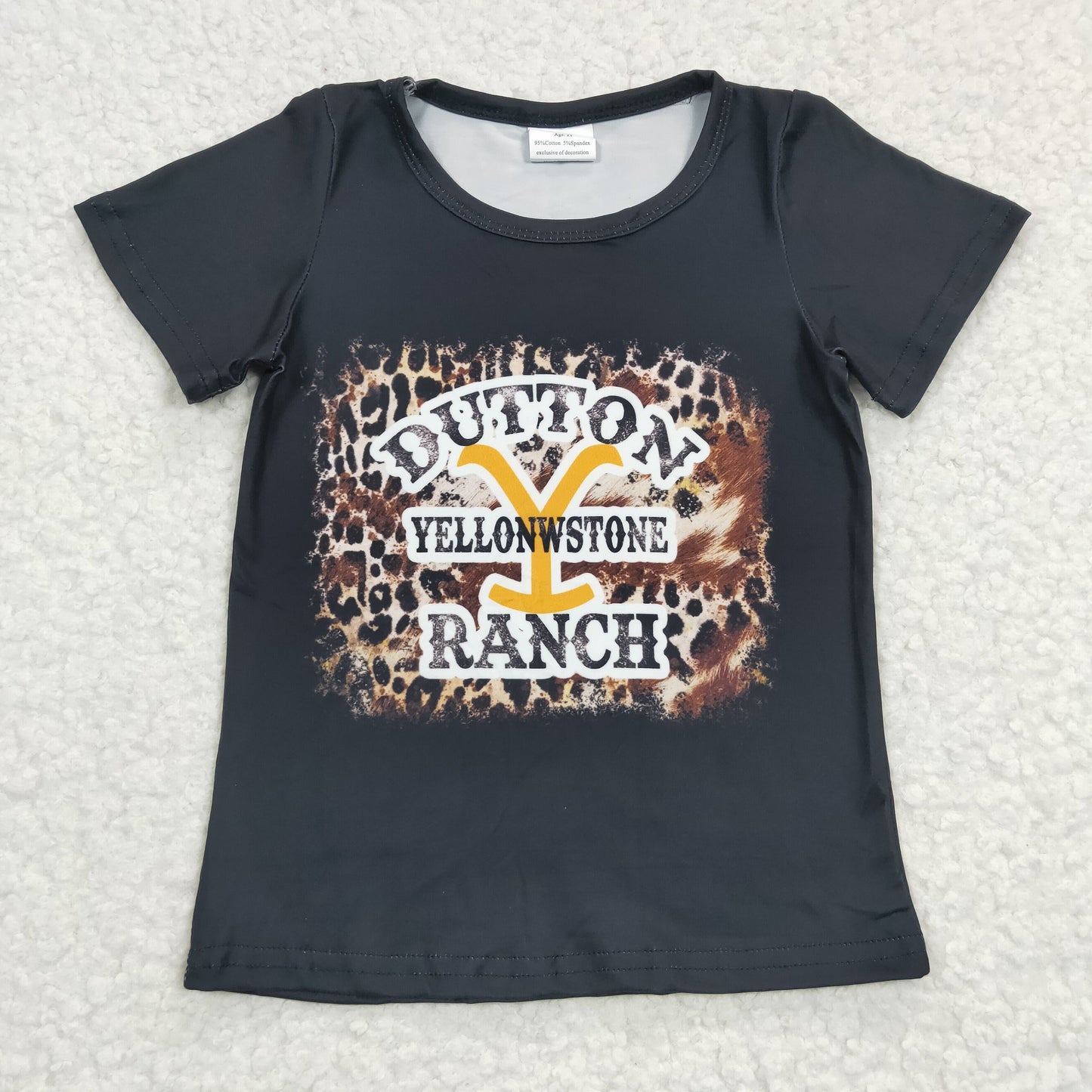 GT0177 Black Leopard Cowboy Ranch Western Girls Short Sleeve Top T-shirts