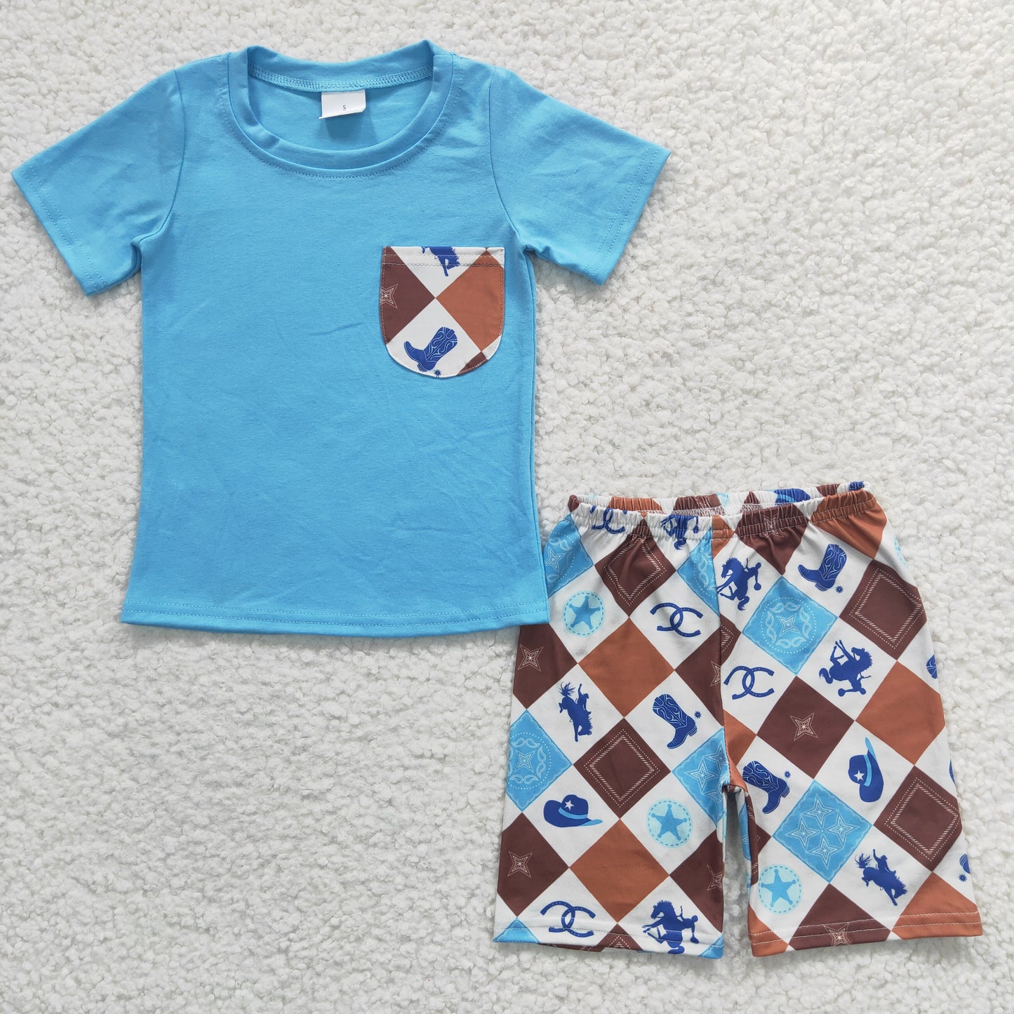 promotion RTS BSSO0150 Brown Blue Rodeo Hat Boots Cowboy Western Pocket Boys Short Sleeve Shorts Outfits