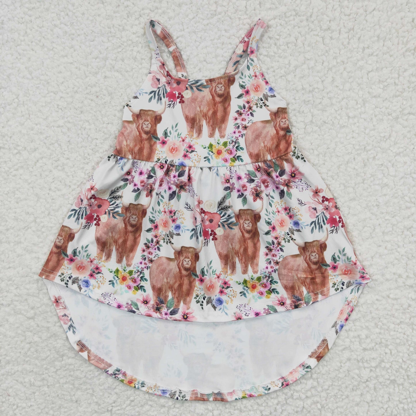 GSD0265 Pink Highland Cow Girls Short Sleeve Dresses