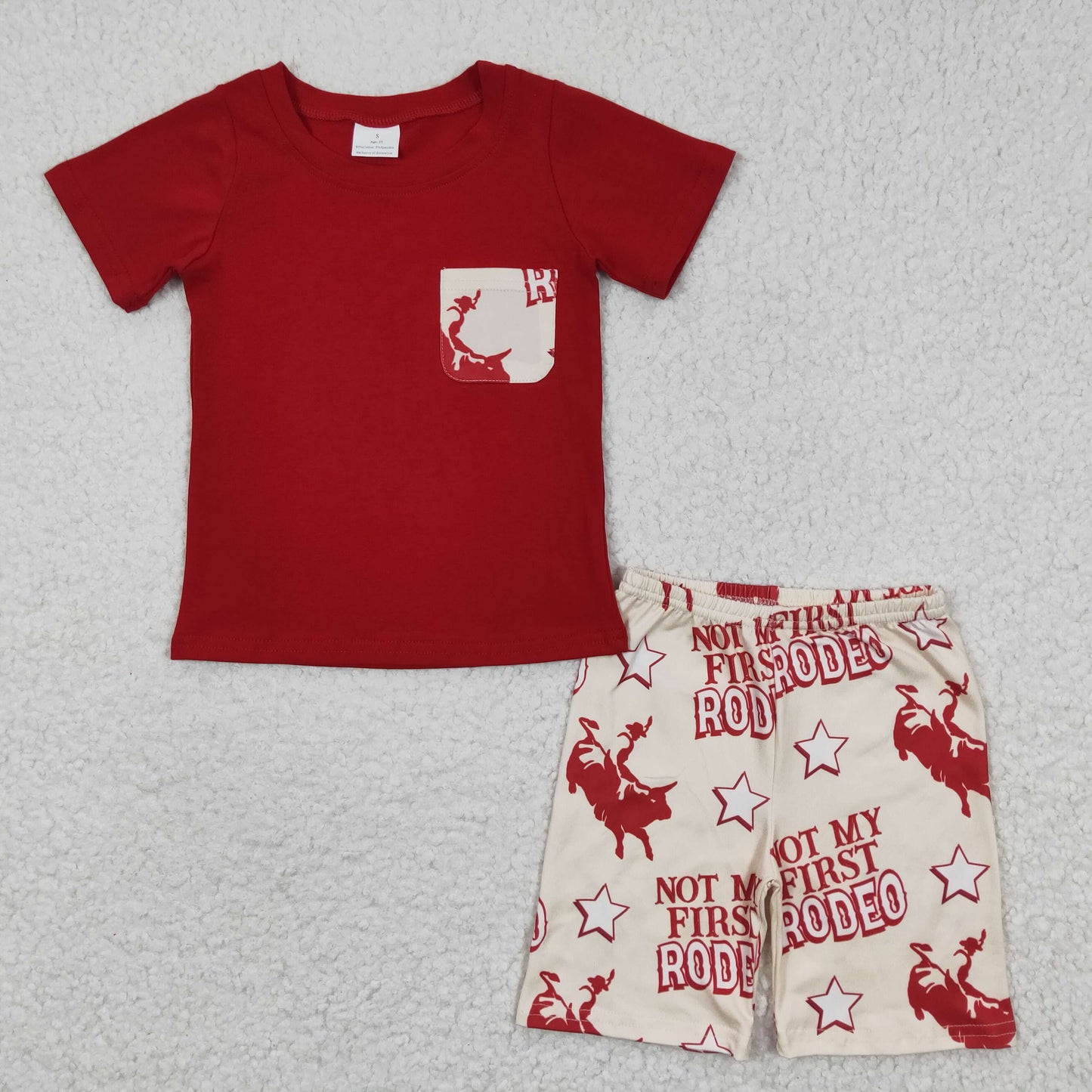 promotion RTS BSSO0146 Brown Red Rodeo Cowboy Western Pocket Boys Short Sleeve Shorts Outfits