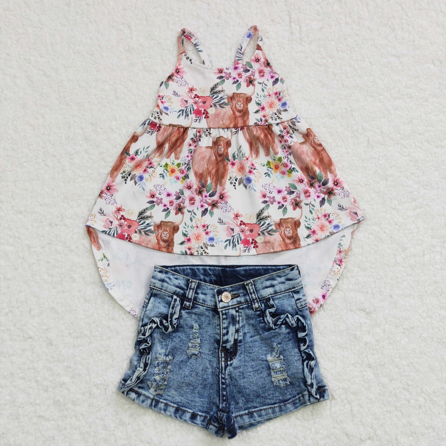 GSSO0261 2Pcs GSD0265 Highland Cow Western Top+ Denim Girls Short Sleeve Shorts Outfits