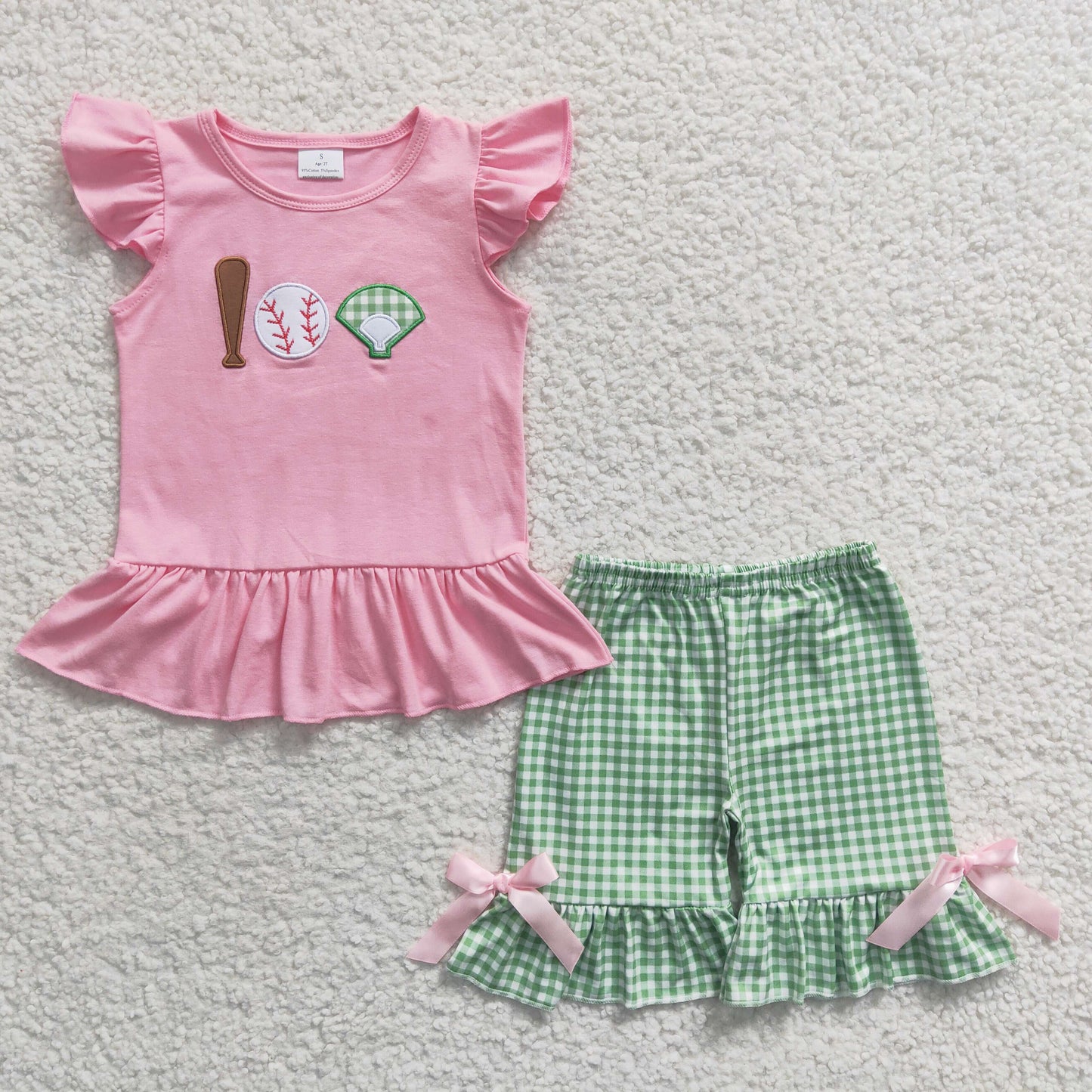 GSSO0205 Pink Green Plaid Softball Baseball Embroidery Girls Short Sleeve Shorts Outfits