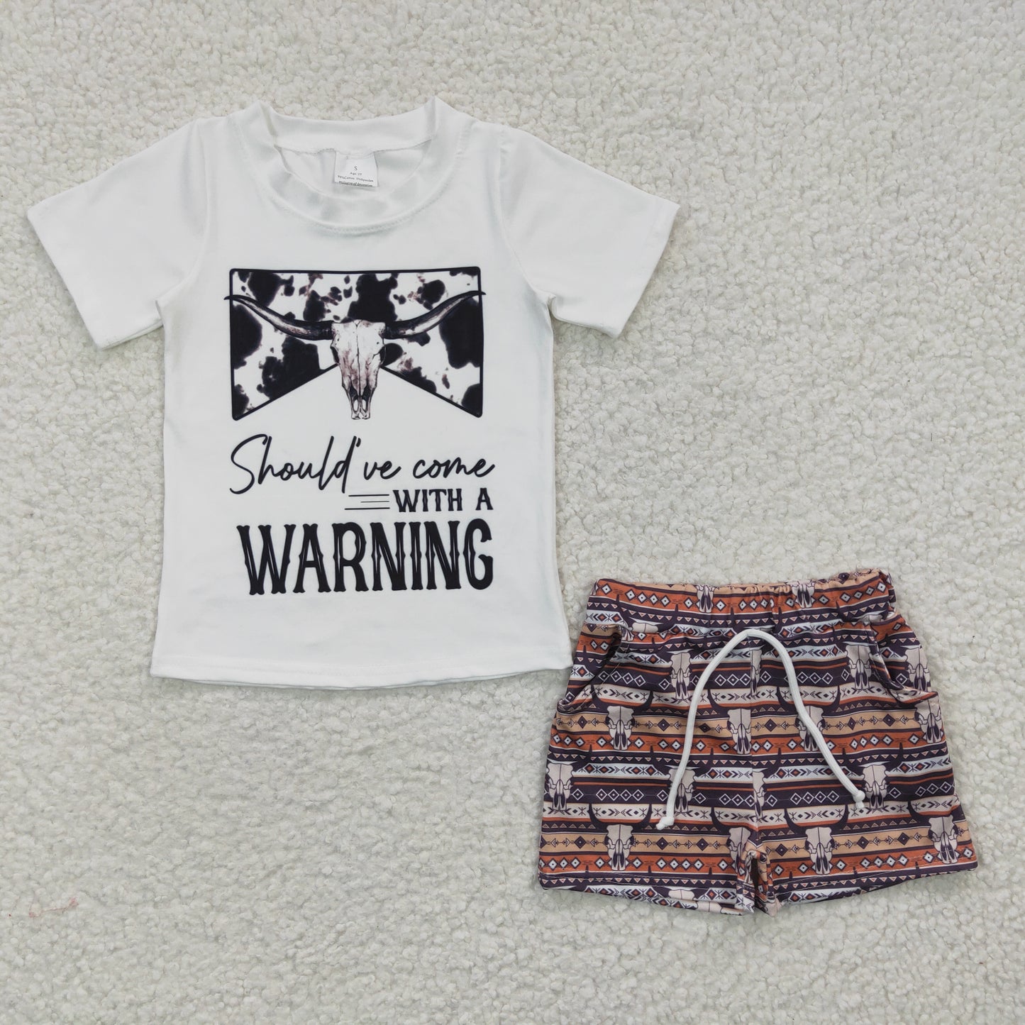 BSSO0210 Rodeo Warning Cow Western Boys Short Sleeve Shorts Outfits