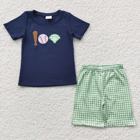 BSSO0194 Blue Green Plaid Embroidery Baseball Softball Boys Short Sleeve Shorts Outfits