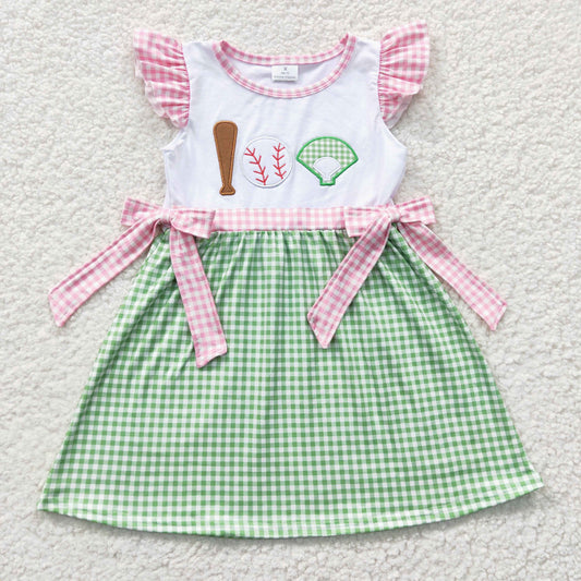 GSD0278 Green Plaid Embroidery Baseball Softball Girls Short Sleeve Dresses