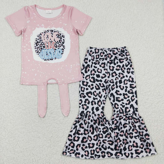 GSPO0518 Easter Pink Leopard Love Like Jesus Girls Short Sleeve Bell Bottom Pants Outfits