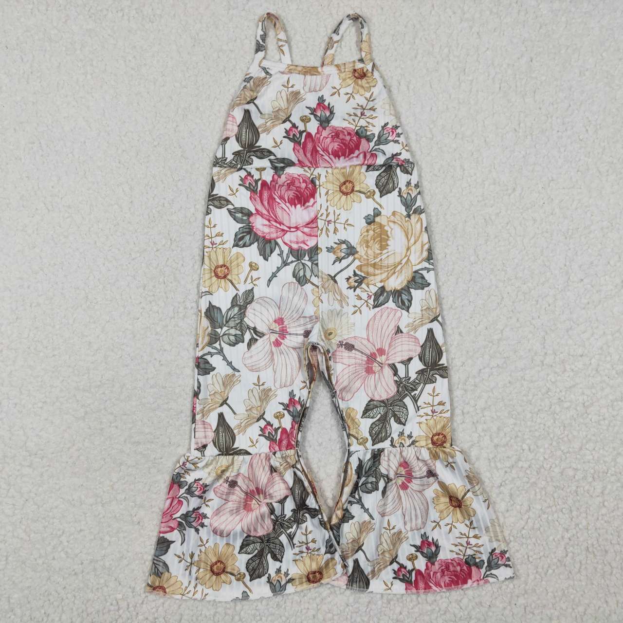 SR0248 Pink Floral Flower Girls Sleeveless Jumpsuit Overall Pants