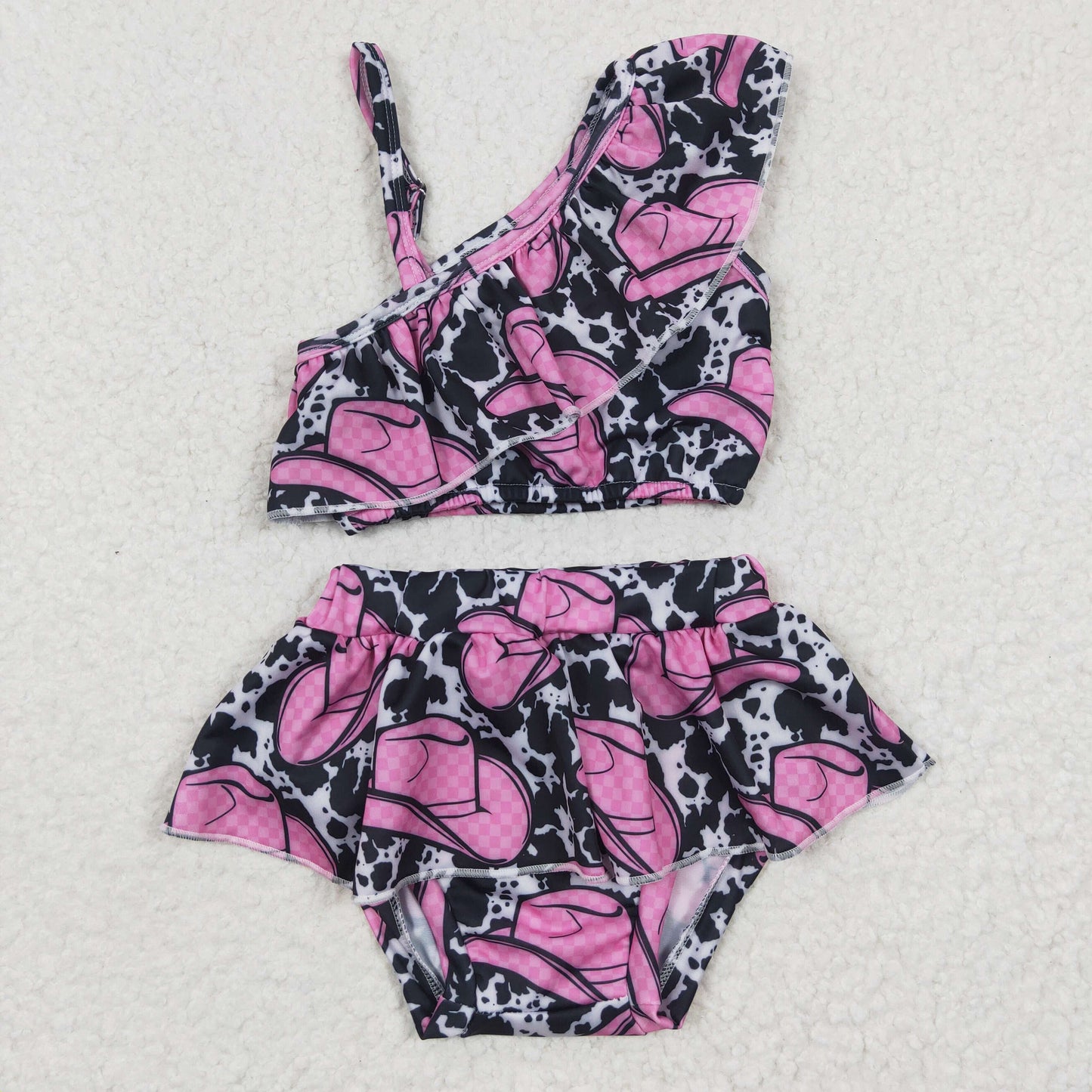 S0098 Pink Hat Cow Print Girls Swimming Bathing Suits Swimsuits