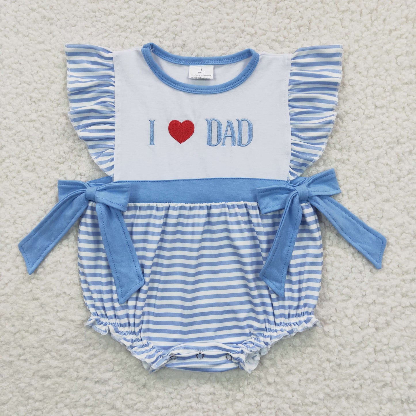 SR0235 Blue Plaid I Love Dad Embroidery Girls Short Sleeve Romper