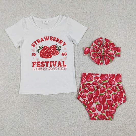 Promotion RTS GBO0097 Red Strawberry Festival Berry Good Time 3Pcs Bows Headband With Girls Short Sleeve Bummies Outfits