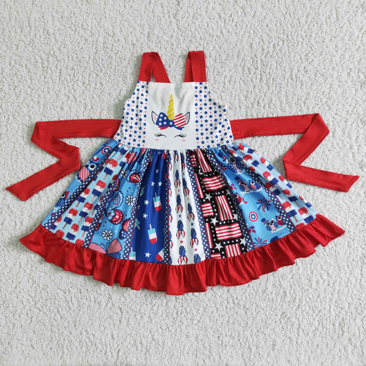 C10-10 4th Of July Red Blue Unicorn Girls Belt Patchwork Sleeveless Dresses