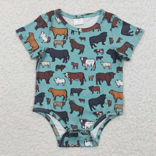 SR0305 Green Western Highland Cow Boys Short Sleeve Romper