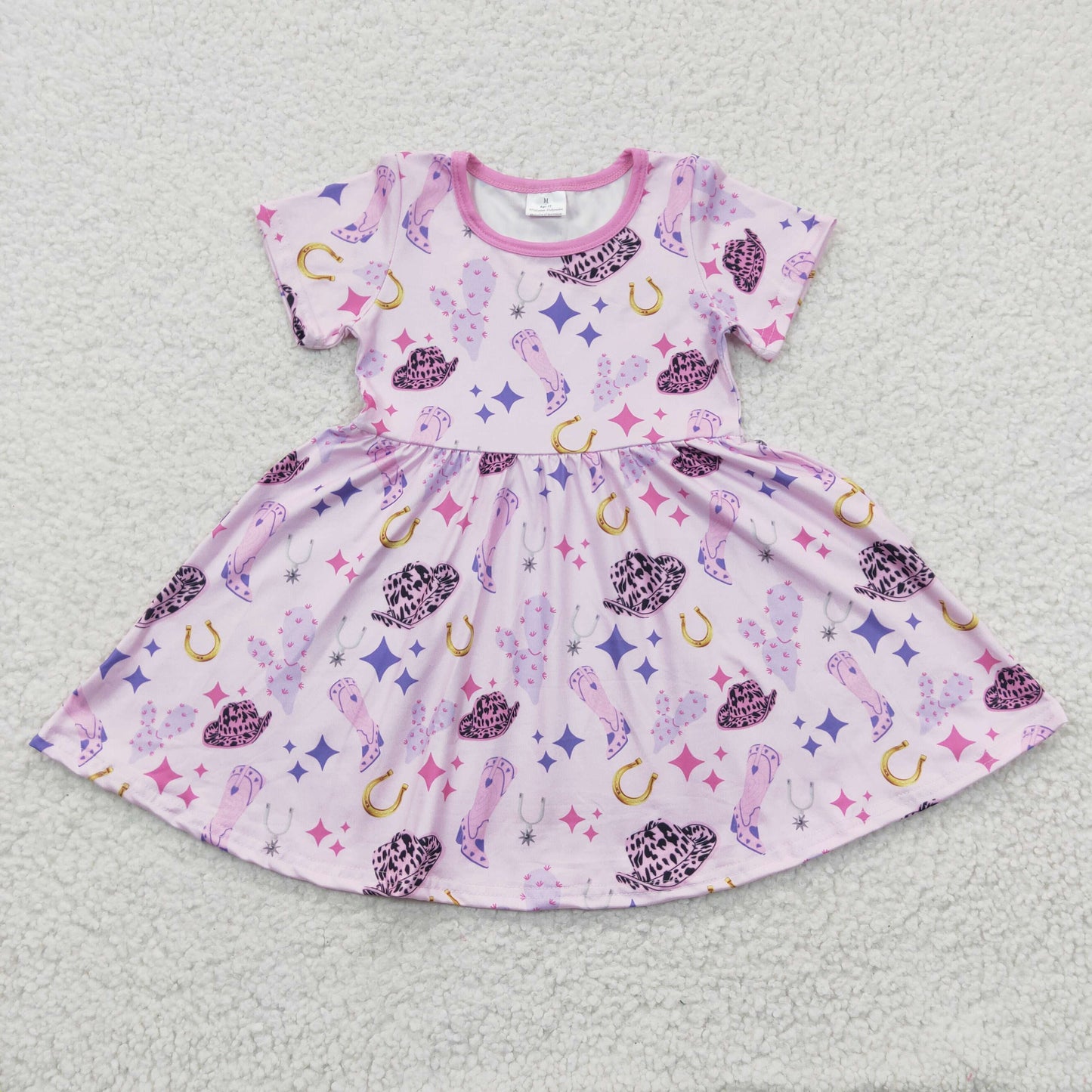 GSD0194 Pink Cowgirl Cowboy hat Boots Girls Short Sleeve Dresses
