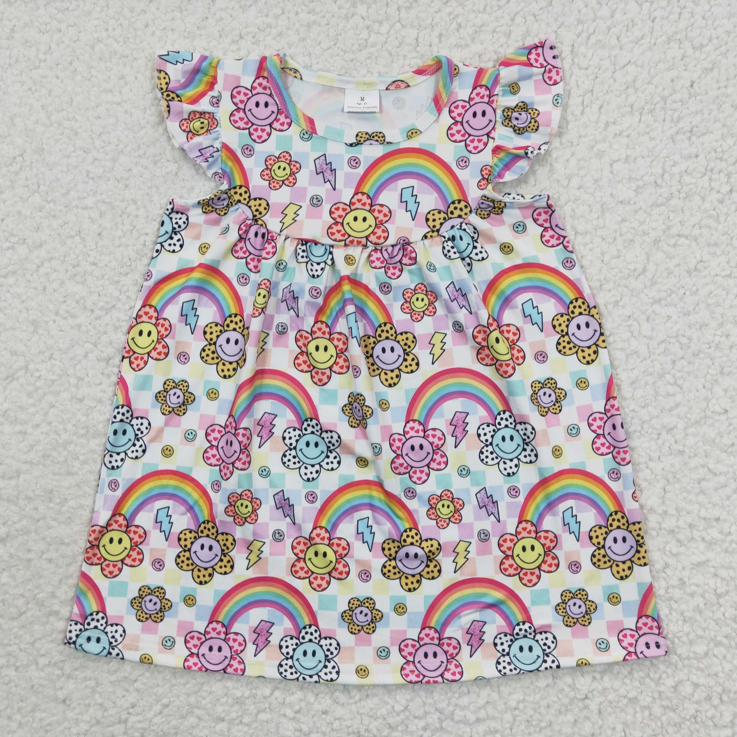 promotion RTS GSD0324 Pink Rainbow Sun Pink Purple Plaid Girls Short Sleeve Dresses