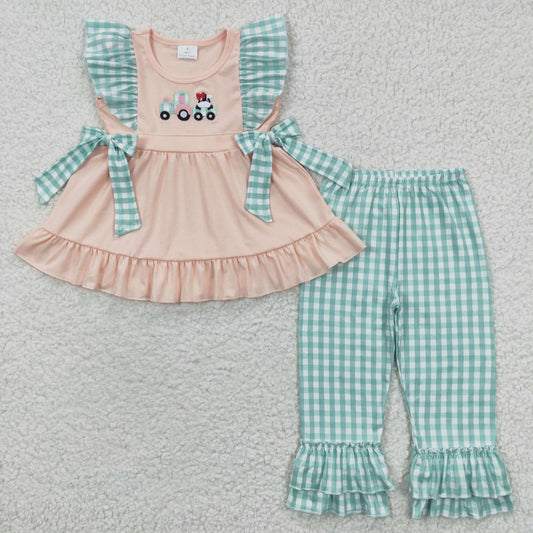 GSPO0447 Pink Green Plaid Farm Cow Embroidery Bow Girls Short Sleeve Bell Bottom Pants Outfits