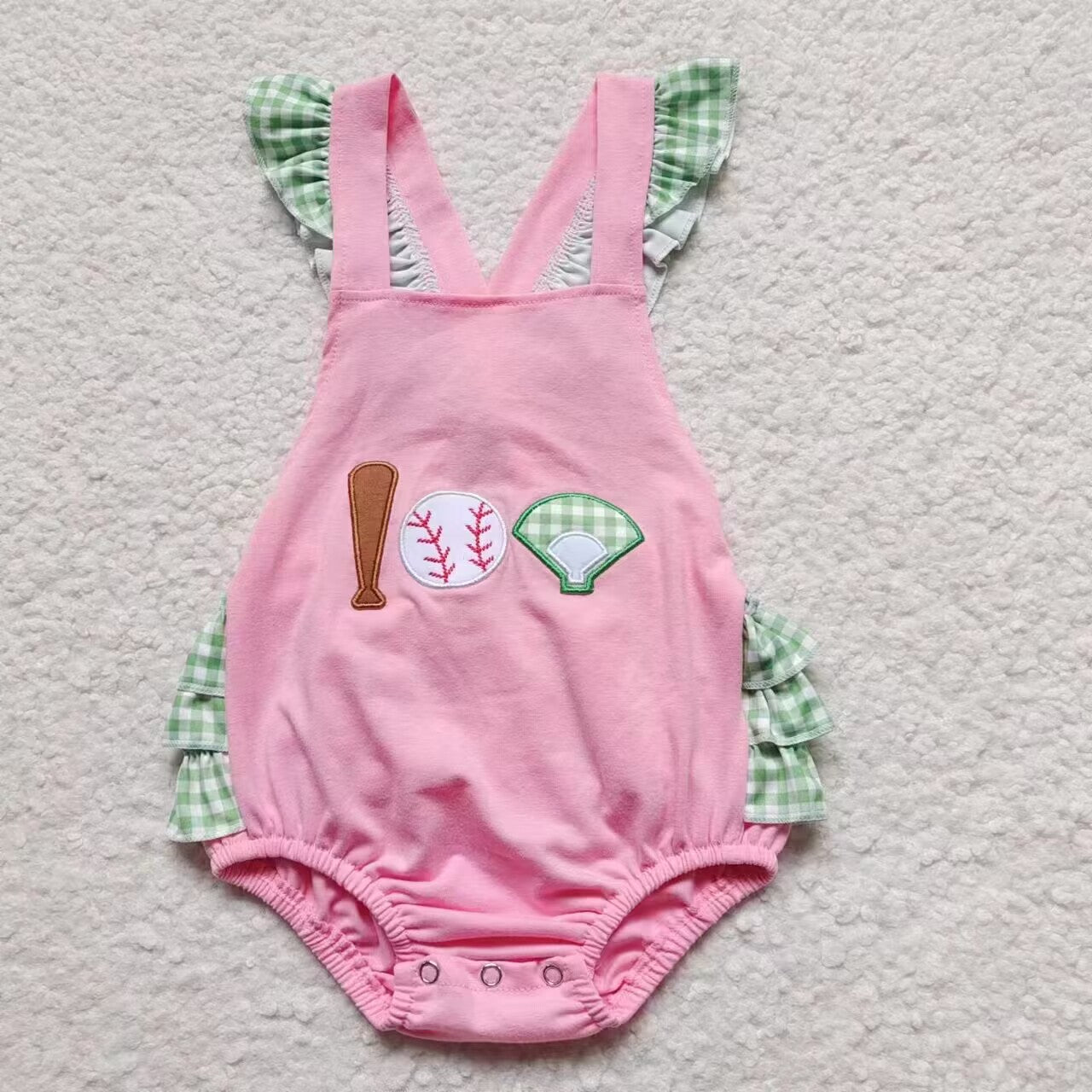SR0271 Pink Softball Baseball Embroidery Girls Flutter Sleeve Romper