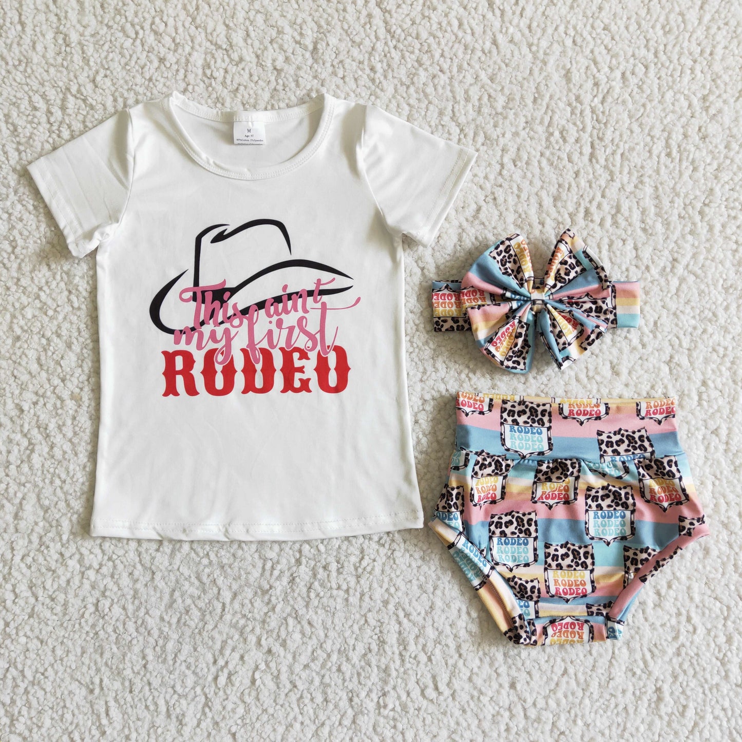 promotion RTS GBO0023 Hat Rodeo Cows Blue With Bow 3pcs Girls Short Sleeve Bummies Outfits