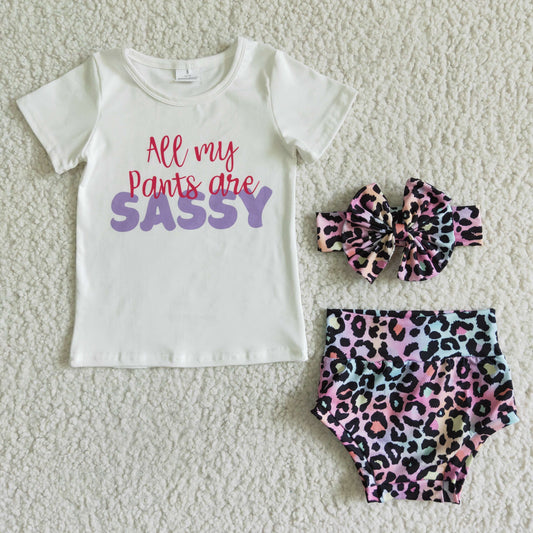 promotion RTS GBO0021 All My Pants Are Sassy Purple Leopard With Bow 3pcs Girls Short Sleeve Bummies Outfits