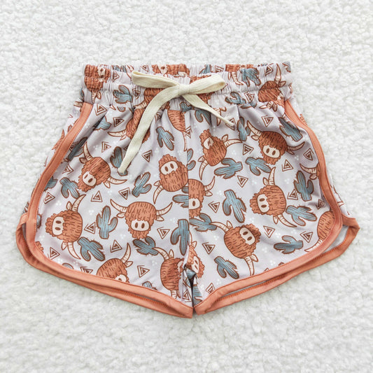 SS0089 Orange Highland Cow Cartoon Girls Shorts Pants