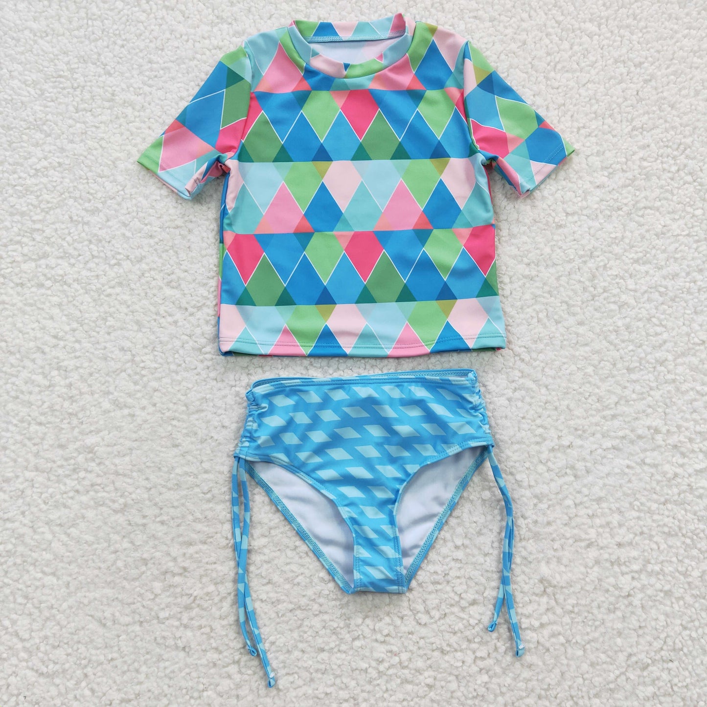 S0114 Blue Pink Scale Girls Swimming Bathing Suits Swimsuits