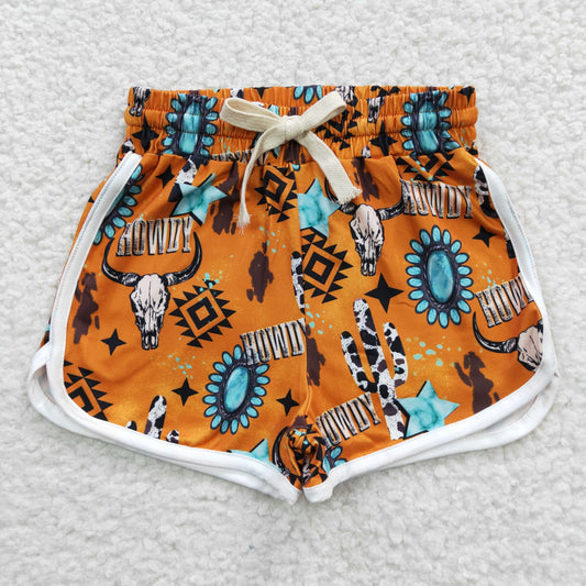 SS0090 Orange Highland Cow Western Girls Shorts Pants