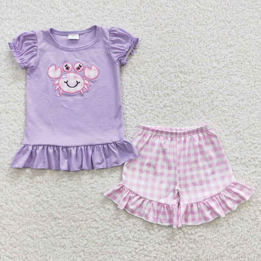 GSSO0135 Purple Pink Crab Crawfish Embroidery Girls Short Sleeve Shorts Outfits