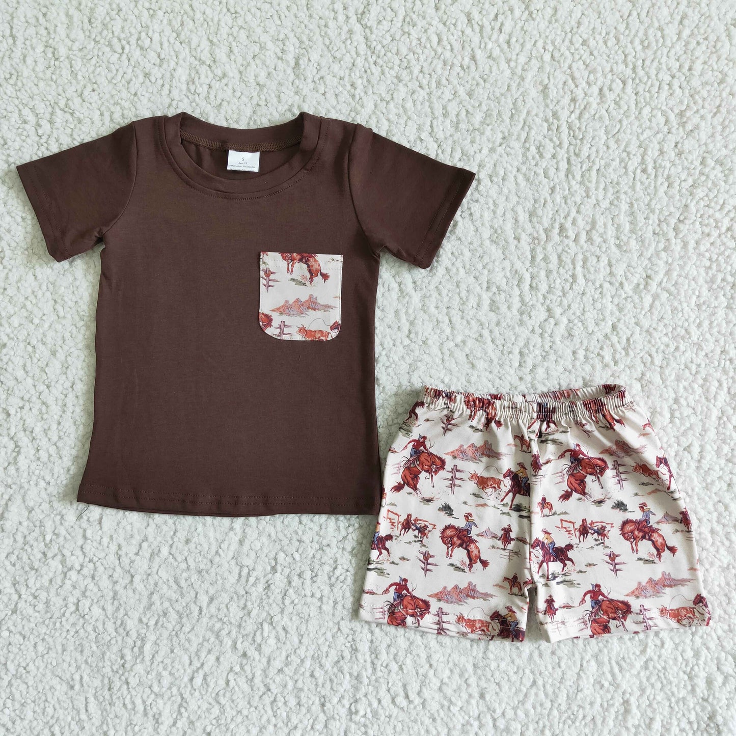 promotion RTS BSSO0015 Brown Rodeo Cowboy Horses Pocket Boys Short Sleeve Shorts Outfits