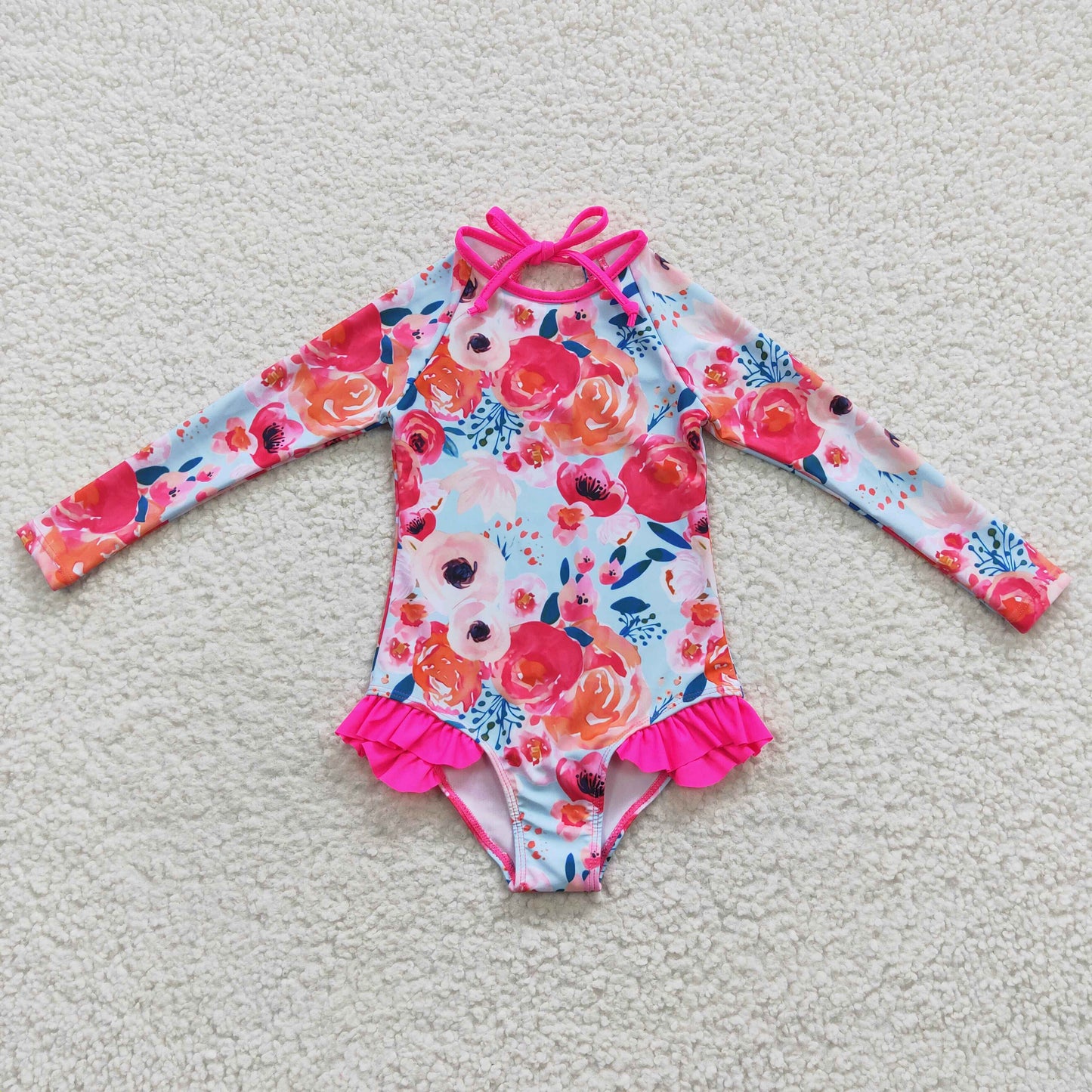 S0083 Pink Floral Girls Swimming Bathing Suits Swimsuits