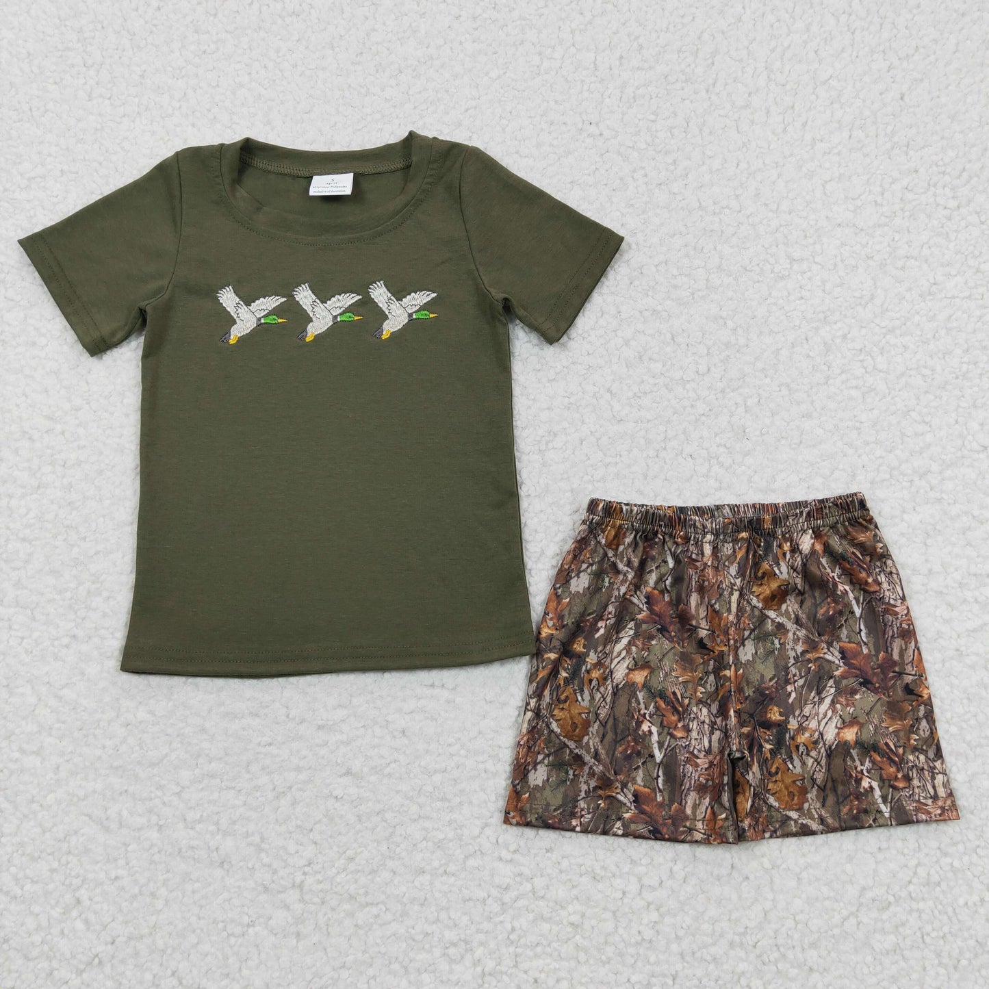 BSSO0238 Duck Green Camo Brown Embroidery Boys Short Sleeve Shorts Outfits