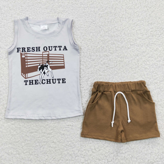 promotion RTS BSSO0223 Brown Fresh Outta The Chute Cow Boys Short Sleeve Shorts Outfits