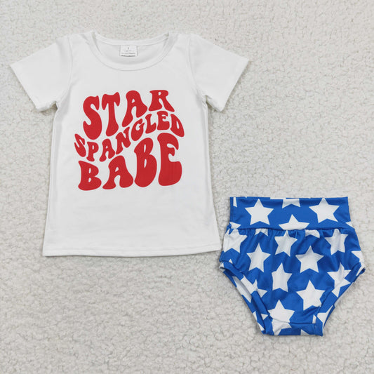 promotion RTS GBO0101 4th Of July Red Blue Star Spangled Babe Girls Short Sleeve Bummies Outfits
