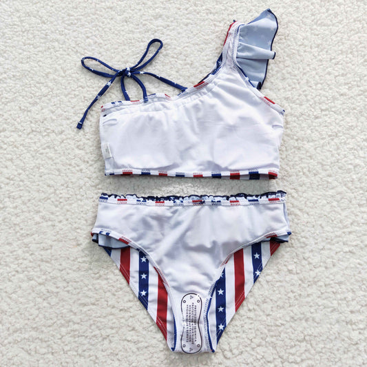 S0042 4th Of July Red Blue Starts Girls Swimming Bathing Suits Swimsuits