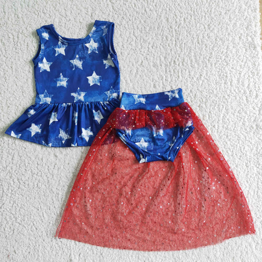 GBO0027 4th Of July Blue Starts Red Tulle Tutu Girls Short Sleeve Bummies Outfits
