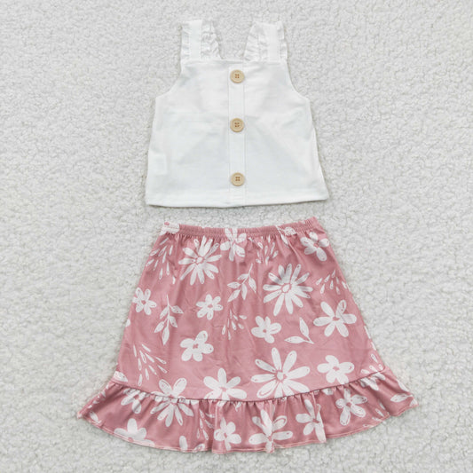 promotion GSD0270 White Pink Floral Girls Short Sleeve With Skirt Dress Outfits